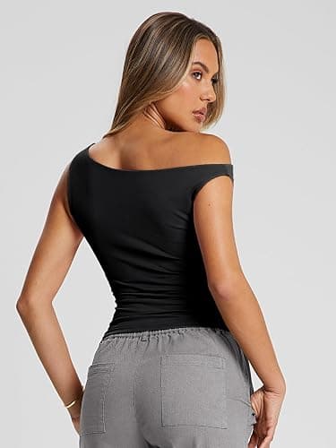 Trendy Queen Womens Double Lined Off The Shoulder Tops Going Out Tank Crop Shirts thumbnail 5