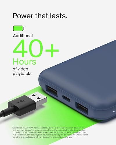 Belkin Portable Charger, USB C Power Bank 10000 mAh w/ 2xUSB-A Ports, 15W w/ Type-C to Type-A Cable - iPhone 17, Air, Pro, Pro Max, Samsung Galaxy S25, Nintendo Switch 2, Google Pixel 10, etc. - Blue thumbnail 5