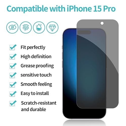 PEHAEL 2+2Pack for iPhone 15 Pro Privacy Screen Protector with Camera Lens Protector Full Coverage Anti-Spy Tempered Glass Film 9H Hardness Easy Installation Bubble Free [6.1 inch] thumbnail 2