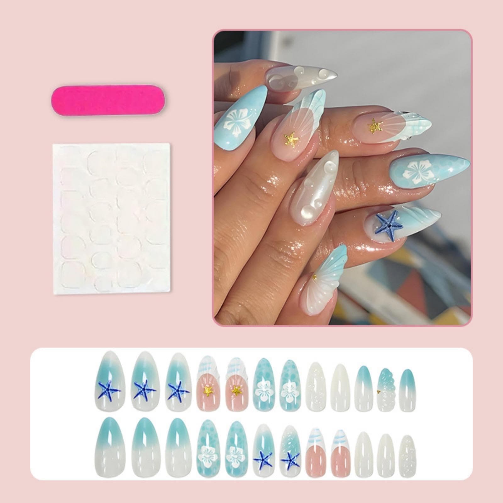 24pcs 3D Mermaid Press On Nails | Blue Ocean Starfish & Shell Design | Medium Almond False Nails 12 Sizes + Nail File + Jelly Glue | Fake Nails for Women Girls thumbnail 6