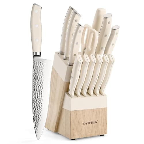 Kitchen Knife Set,14-Piece Knife Set With Block Wooden, Self Sharpening For Chef Knife Set, High Carbon German Stainless Steel Hammered Collection Knife Block Set, Dishwasher Safe Cutlery, Cream - Image 1