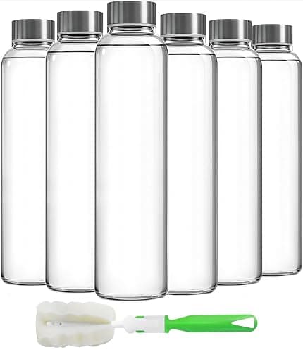 Epica Clear Glass Bottles with Lids, 18oz Resuable Glass Water Bottles for Juicing with Stainless Steel Cap to store Milk, Smoothie, etc., 100% Leak Proof, Durable and Dishwasher Safe (Set of 6) - Image 1