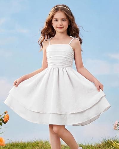 JiAmy Girls Spaghetti Strap Smocked Midi Sundress Party Dress | Ages 7-12 Years; summer spring beach casual sundress, smocked cami, midi party prom dress for holiday photos thumbnail 2