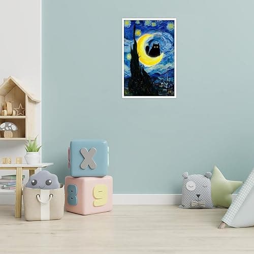 Funny Starry Night Cat Poster Cute Abstract Animal Canvas Wall Art Black Cat On The Moon Whimsical Aesthetic Prints Painting For Living Room Bedroom Gallery Wall Decor 12x16in Unframed thumbnail 5