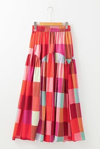 Women's Multicolour Plaid Print Ruched High Waist Casual Maxi Skirt thumbnail 6