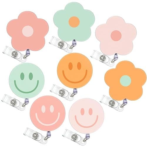 Whaline 8Pcs Preppy Flower Smile Face Badge Reel with Clips Retractable Cord Colorful Groovy ID Badge Reel Name Tag Badge Holder for Office Hospital Teachers Favor - Image 1