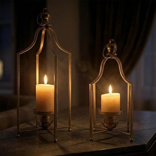 12.5" & 16.5" Timeless Cozy Decorative Lanterns Set of 2, Handcrafted Metal Iron Candle Holders, Farmhouse Elegance Fireplace Mantel Table Festive Gatherings Decor (Antique Gold) thumbnail 4