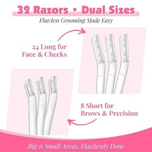 32-Pack Face Razors for Women – Dermaplane & Eyebrow Razor Set, 24 Long + 8 Short Precision Blades for Peach Fuzz Removal, Gentle Exfoliation, Ideal for Stocking Stuffers (Clear) thumbnail 3