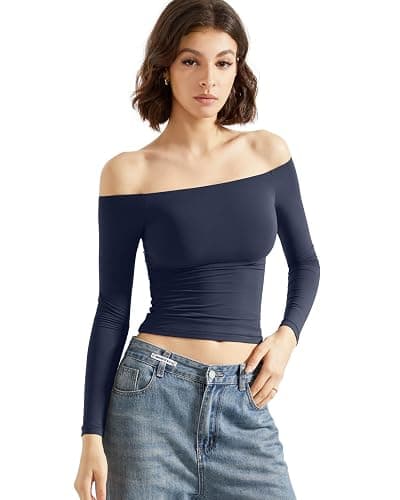 SUUKSESS Women Off Shoulder Double Lined Long Sleeve Shirts Basic Going Out Tops - Image 1
