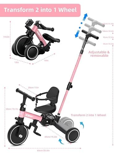 XJD Toddler Bike, 6 in 1 Folding Toddler Tricycle for 1-4 Year Old with Parental Control Handle, Balance Bike with Removable Pedal, Backrest, Adjustable Seat, First Christmas Birthday Gifts (Pink) thumbnail 6