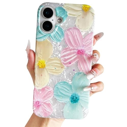 Jmltech for iPhone 16 Plus Case Girly Aesthetic Women Cute Floral Women Shockproof Flowers Oil Painting Flexible Silicone Phone Case for iPhone 16 Plus Mint Pink - Image 1