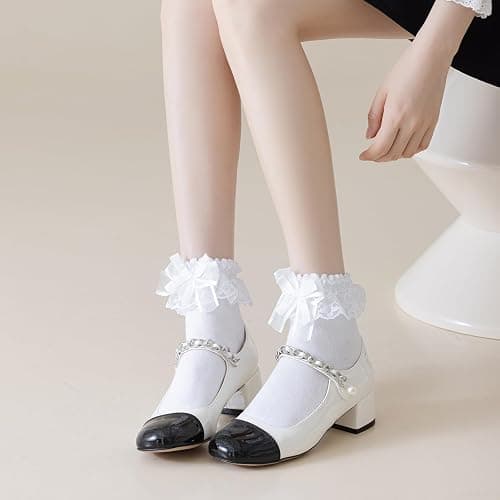 BIVOLU Womens Ankle Socks Lace Ruffle Frilly Cotton Cute Princess Ankle Dress Lace Socks for Girl 2 Pack thumbnail 6