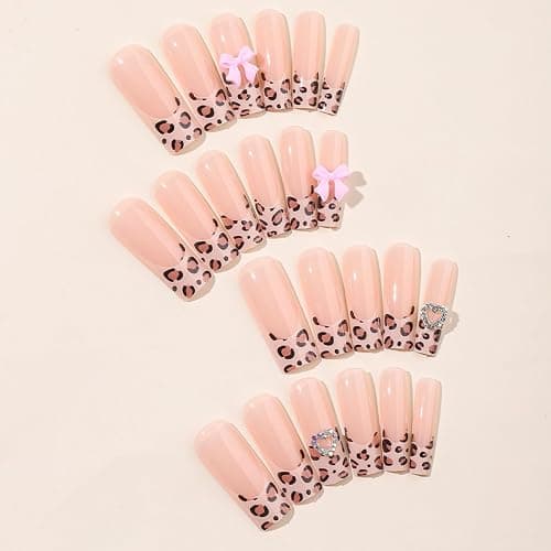 Long Square Press on Nails French Leopard Print Stick on Nails with 3D Bow Love Design Glue on Nails Cute Nude Fake Nails Rhinestone False Nails Glossy Acrylic Nails Full Cover Nails for Women 24Pcs thumbnail 2
