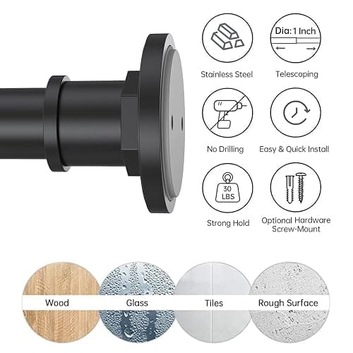 BRIOFOX Industrial Shower Curtain Rod - 2-in-1 Design Tension Curtain Rod - Never Rust Non-Slip 43 to 72 Inch Stainless Steel, Matte Black Window Curtain Rod thumbnail 5
