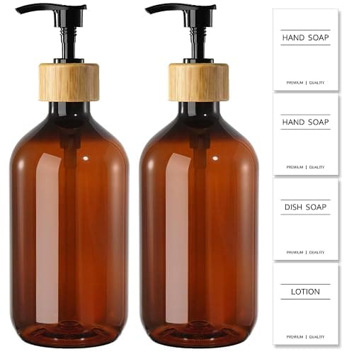 KASUNTING Amber Soap Dispenser Plastic, Brown Dish Soap Dispenser with Bamboo Pump for Kitchen,17 Fl Oz Hand and Dish Dispenser Set for Bathroom, Farmhouse Liquid Soap and Lotion Dispensers Bottle - Image 1