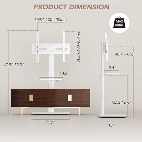 AX WABER Universal Floor TV Stand with Mount 70 Degree Swivel 9 Level Height Adjustable and Space Saving Design for Most 27 to 65 inch LCD, LED OLED TVs White thumbnail 5