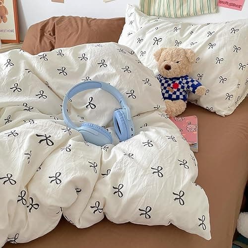 Covebett Bettwäsche 135x200 Mädchen Weiß mit Schwarz Schleifen Kinder Bettbezug 2teilig Aesthetic Kawaii Weich Renforcé Microfaser Einzelbett Deckenbezug Reißverschluss und Kissenbezug 80x80cm thumbnail 7
