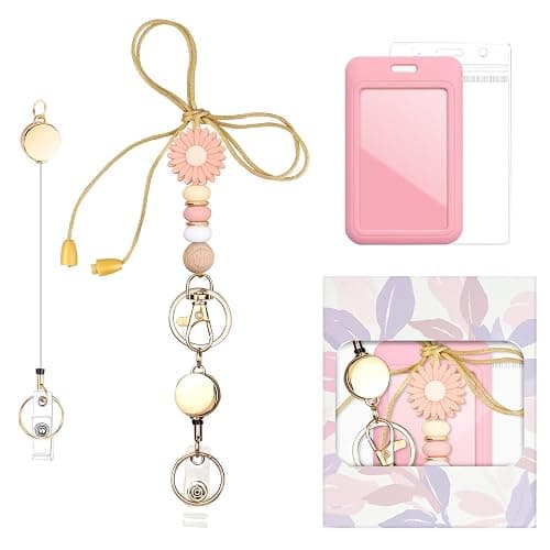 Colorful ID Badge Holder with Silicone Beads Lanyard Set,Cute Teacher Breakaway Lanyard for Keys & Keychain with Cute Retractable Badge Reel Holder,Gift for Women,Nurse, Teacher. (Pink Daisy) - Image 1