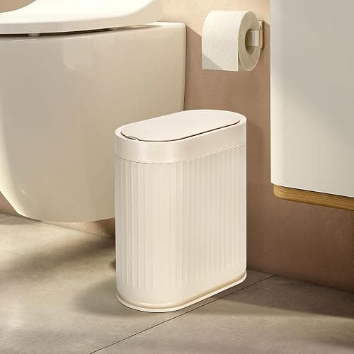 ELPHECO Motion Sensor Trash Can 2 Gallon Plastic Smart Garbage Can Waterproof Wastebasket Narrow Garbage Bin with Automatic lid for Bathroom, Bedroom, Kitchen, and Office (Beige) - Image 1