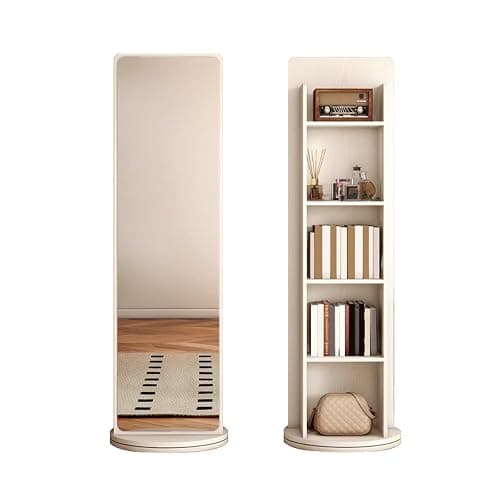 360º Swivel Full Length Mirror with 4-Tier Bookcase, Rotating Mirror with Shelves, 66.1×15.7in Full Body Standing Mirrors and Storage Rack for Bedroom, Living Room - Image 1