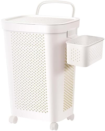 Ultra Wheeled Laundry Hamper with Lid, Suspended basket,Handle and Wheels for Easy Rolling of Clothes to and from The Laundry Room, Plastic(White) - Image 1