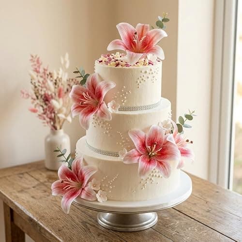 HNVNER 6 Bündel Kunstblumen Lilien, 3D-künstliche Lilien Blumen Rosa | 12 Blüten & 6 Knospen, rahtstiele biegbar, pollenfrei wasserdicht pflegeleicht lilien künstlich,für Hochzeit Home & Büro Deko thumbnail 5