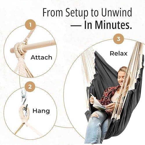 Hanging Hammock Chair Swing - Outdoor & Indoor - Hammock Swing Chair | V2 Lab-Tested Straps, Footrest, Spacious XL Seat, For Adults, Cotton Blend, Ceiling Mount, Bedroom to Porch Use thumbnail 4