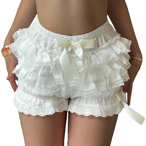 Acrawnni Y2k Damen-Shorts, Lolita, mehrlagige Pumphose, süße Rüschen, Spitzenbesatz, Kürbishose, elastische Taille, Mini-Shorts, Unterwäsche thumbnail 3
