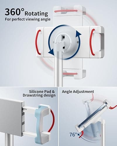 SAIJI iPad Stand for Desk - Height Adjustable & Weighted Base Phone Holder | Aluminum Stand with a 360° Rotating Clamp, Extra Tall, for iPad Air/Pro iPhone & Portable Monitor, Fits 4.7"–15.6" Screens thumbnail 4