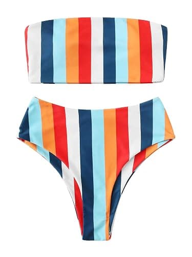 SweatyRocks Women's Bathing Suits Striped Bandeau Bikini high Waisted Swimsuits Swimwear Set - Image 1