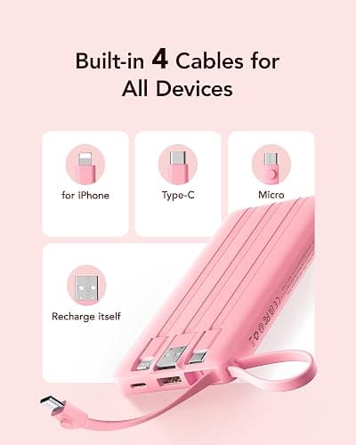 VRURC Portable Phone Charger, Travel Portable Charger with 4 Cables, 5 Outputs 2 Inputs Slim USB C Power Bank, Built-in Cables Cords for iPhone 17 16 15 14 13,Samsung,Android-Barbie Pink(1 Pack) thumbnail 3