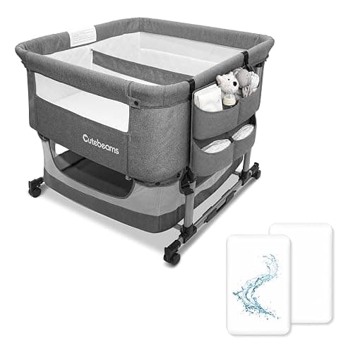 cutebeams Twin Bassinet with 2 Waterproof Sheets & Hanging Diaper Organizer | Bedside Double Bassinet for Twins, Rocking Bassinet for Baby with Storage Basket, Includes Mattress - Image 1