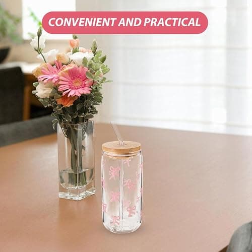 TOPPERFUN Cute Glass Water Cup with Lid and Straw: 400ml/ 13.5oz Glass Tumbler Drinking Set Travel Mug, Cute Bowknot Design Reusable for Beer Iced Coffee Whisky Water thumbnail 7