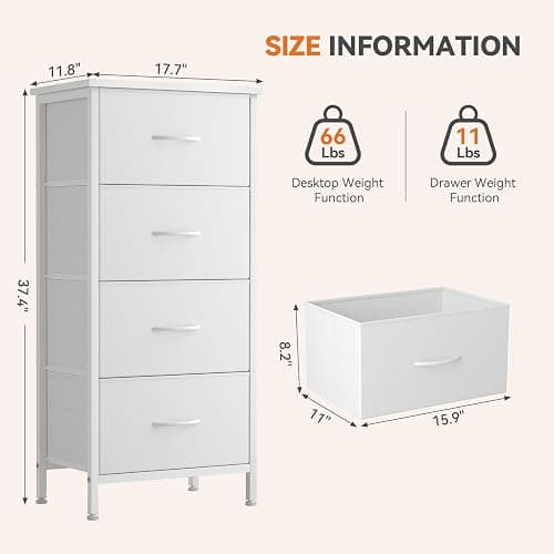 Sweetcrispy Dresser for Bedroom, 4 Drawer Storage Cabinet, Tall Nightstand | Small Fabric White Dresser for Closet, Chest of Drawers, Closet Organizer, Home Furniture, Sturdy Frame thumbnail 3