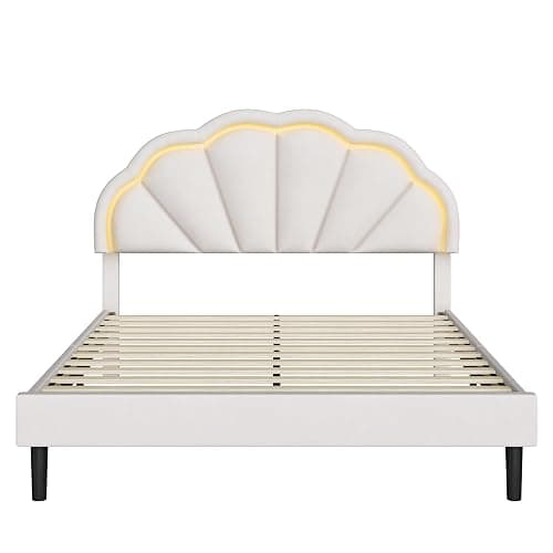 HIFIT Queen Upholstered Smart LED Bed Frame with Adjustable Chic Petal Headboard, Soft Princess Queen Size Platform Bed Frame for Girls, Wooden Slat Support, No Box Spring Needed, Easy Assembly, Beige - Queen - Beige thumbnail 8