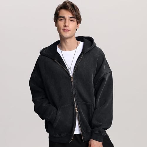 FAIABLE Mens Womens Double Zip Up Hoodie Oversized Acid Wash Heavyweight Fleece Cotton Zipper Hoodie Vintage thumbnail 3