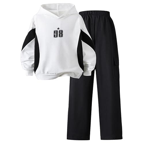 ZGKB Girls' Hooded Sweatshirt and Pants Set, White and Black, Casual Jersey Outfit, 8-12 Years - Image 1