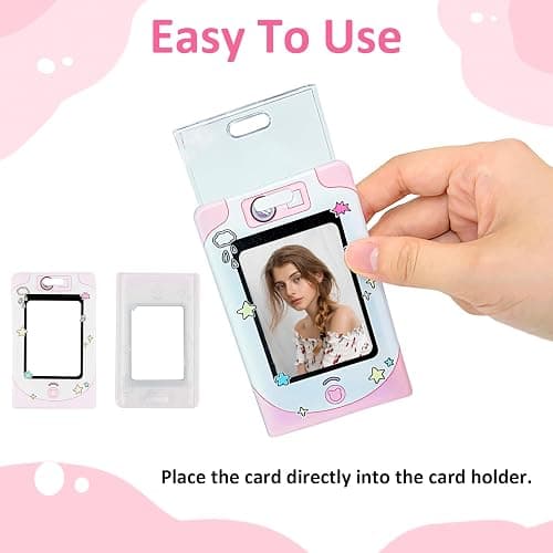 2Pcs Kpop Photocard Holder, 3.5Inch Cute Camera Style Photocard Holder Keychain for Kpop Lovers Girls, Waterproof Cartoon ID Badge Holder for Fan Idol Photo Bus Credit Card with Pearl Bow Bracelet thumbnail 4