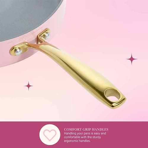 Paris Hilton Iconic Nonstick Pots and Pans Set, Multi-layer Nonstick Coating, Matching Lids With Gold Handles, Made without PFOA, Dishwasher Safe Cookware Set, 10-Piece, Pink thumbnail 9