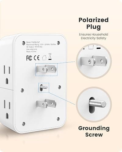 LENCENT 2 Prong Power Strip, 3 to 2 Prong Outlet Adapter, 2 Type C&2 USB, Surge Protector, Polarized Plug, 3-Sided Wide Spaced Extender, Wall Tap Splitter for Non-Grounded Outlets in Old House - with Surge Protector thumbnail 6