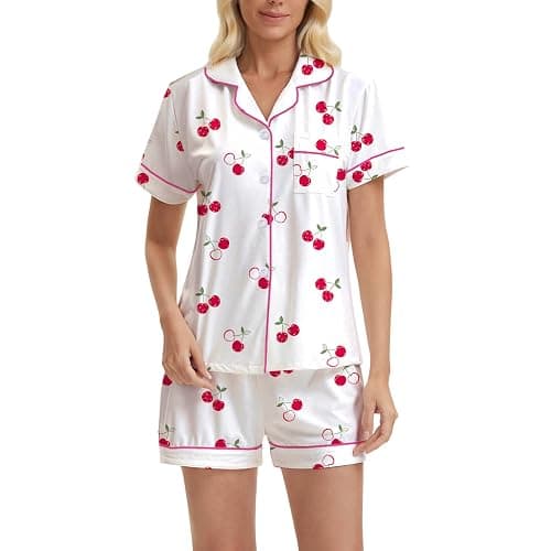 PUNINGXS Casual Women's Pajamas with Printed Short Sleeved Button Down Top and Shorts Pjs Loungewear Set thumbnail 5