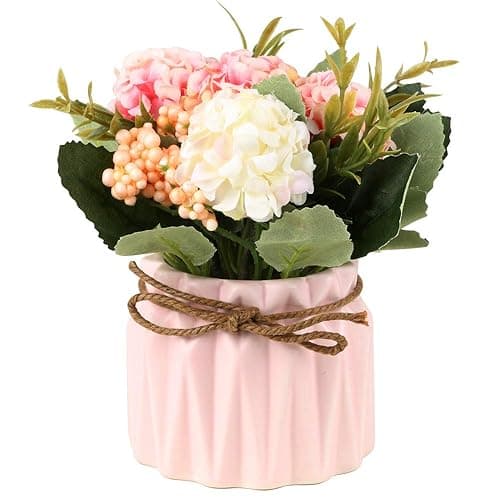 SUPNIU Artificial Hydrangea Bouquet with Small Ceramic Vase Fake Silk Variety Flower Balls Flowers Decoration for Table Home Party Office Wedding (Pink) - Pink