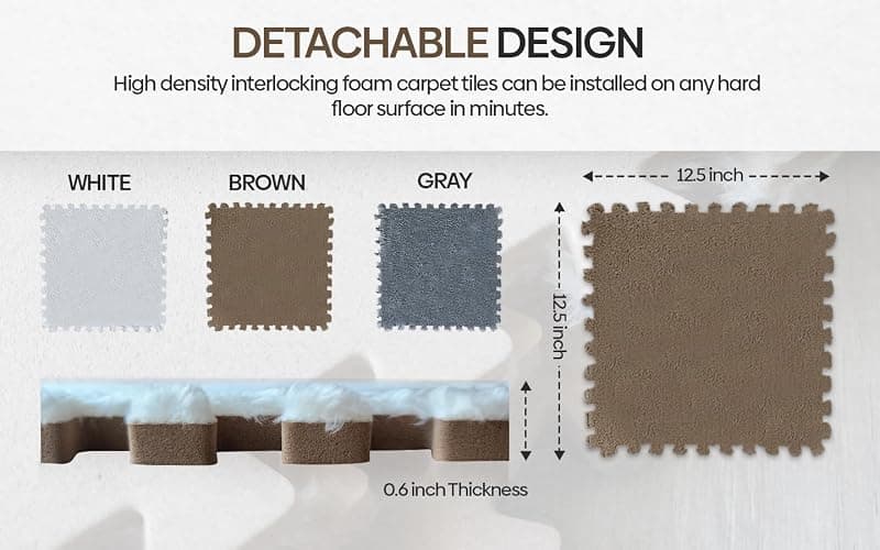 16 Piece Carpet Squares Puzzle Mat 49" x 49" Plush Interlocking Carpet Tiles, Foam Floor Tiles for Baby Play Mat - Kids Soft Play Mats Anti Slip Jigsaw Flooring Playmat Playroom Rug (Brown,Gray,White) thumbnail 3