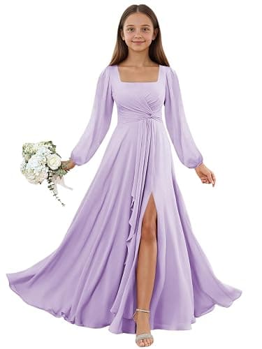 EVASIE Junior Bridesmaid Dresses Long Sleeve Chiffon Flower Girl Dress with Slit Square Neck Kids Prom Party Dress thumbnail 3