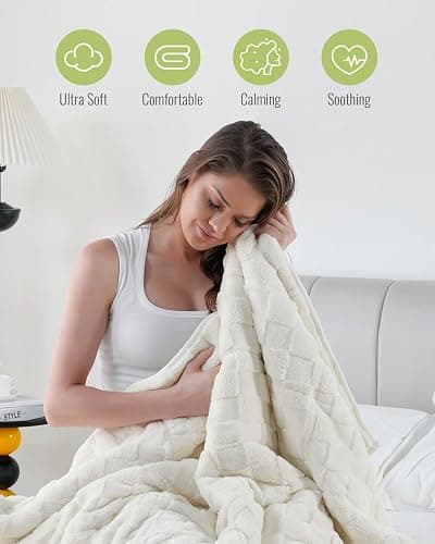 Uttermara Sherpa Fleece Weighted Blanket Queen Size(15lbs, 60" x 80", Cream White), 3D Jacquard Checkered Warm Sherpa Heavy Blanket for Adults, Soft Fuzzy Weighted Blankets for Couch Bed Sofa thumbnail 4