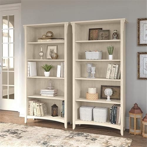 Bush Furniture Salinas Tall 5 Shelf Bookcase - Set of 2 in Antique White, Vertical Office Storage, Bookshelves for Home Workspace, Multi-Purpose Shelving Units thumbnail 2