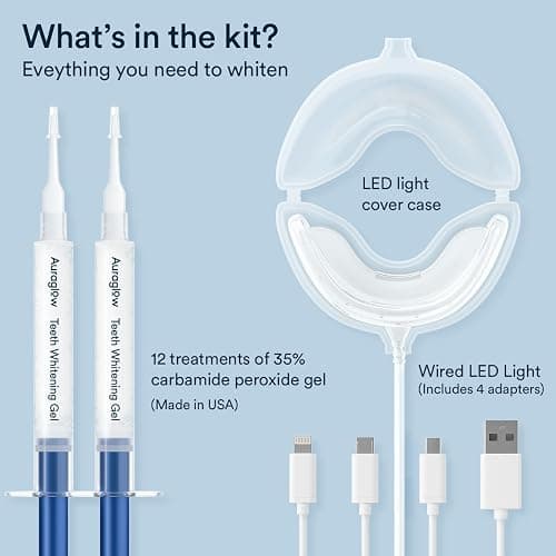 Auraglow Plug-in LED Teeth Whitening Kit – Wired Light Device – 35% Carbamide Peroxide Gel – 12 Treatments – at-Home Tooth Whitening System – Enamel-Safe at-Home Whitening for Coffee & Tea Stains thumbnail 6