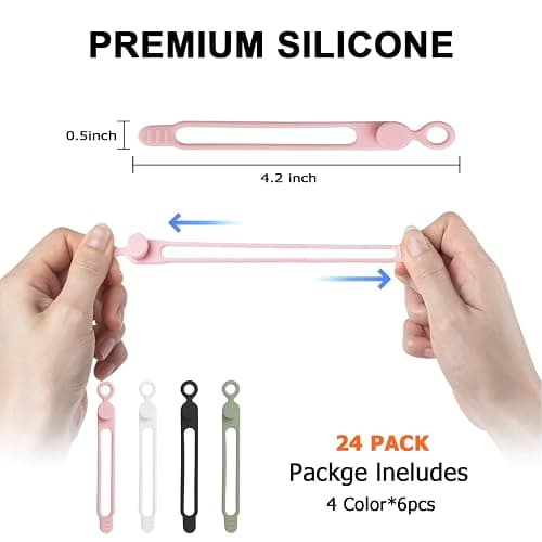 Nearockle 24Pcs Silicone Cable Straps Cord Organizer for Bundling Earphone, Phone Charger, Computer Cords, Reusable Cable Ties Wire Organizer in Home,Office,Kitchen,School (4 Colors) - 4.2 Inch - Multicolor B thumbnail 2