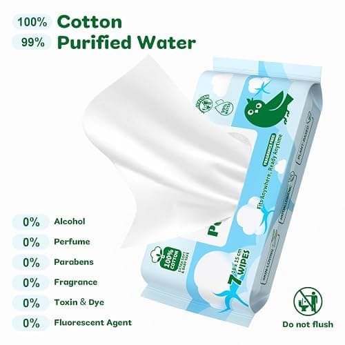 Dorahoney 100% Cotton Travel Wipes for Sensitive Skin, 99% Purified Water Hypoallergenic Mini Wet Wipes, Unscented Pocket Wipes Travel Essentials, 56 Count (8 Packs of 7) thumbnail 6