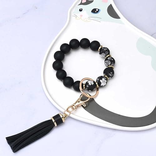BAOSIWA Silicone Beaded Bracelet Keychain Wristlet Key Ring Bangle Chains for Women with Leather Tassel thumbnail 4